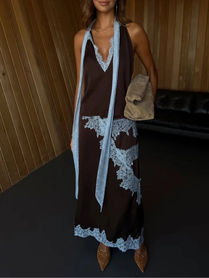 Women's brown halter top with V-neck, part of a two-piece set with a matching lace panel maxi skirt.