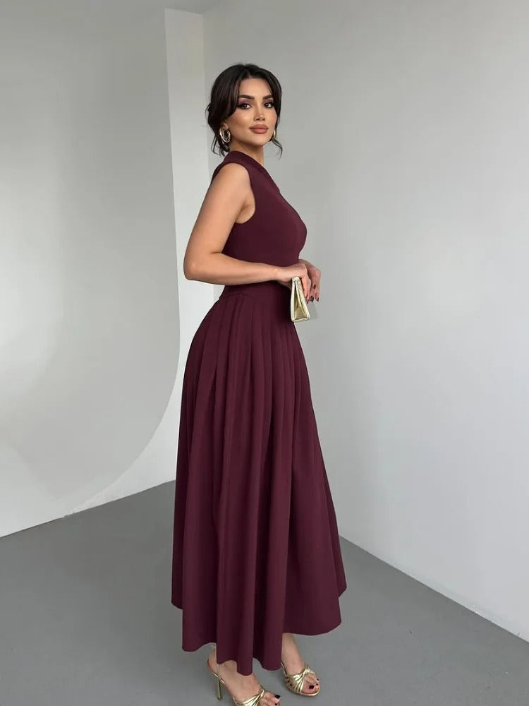 Sophisticated one-shoulder draped maxi gown in burgundy for women, ideal for special occasion parties.