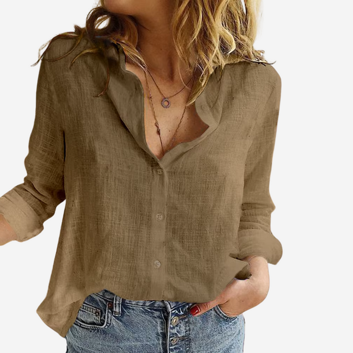 Professional women's button-down blouse, long sleeve. Elegant & comfortable for office wear and smart casual.