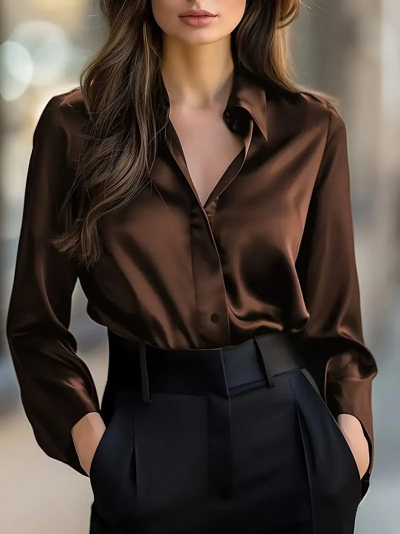 Elegant women's button-down blouse with long sleeves & lapel, perfect for professional office workwear.