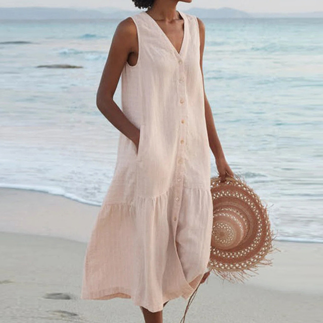 Elegant Women's button-down V-neck midi summer dress for effortless style and casual chic.