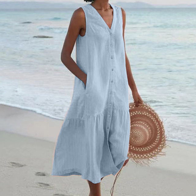 Breezy comfort women's midi summer dress with elegant button-down design, perfect for day to night wear.