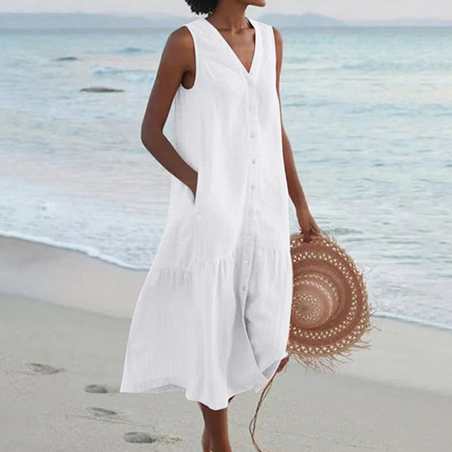 Versatile women's button-down midi summer dress, ideal for vacation outfits or elegant casual chic.
