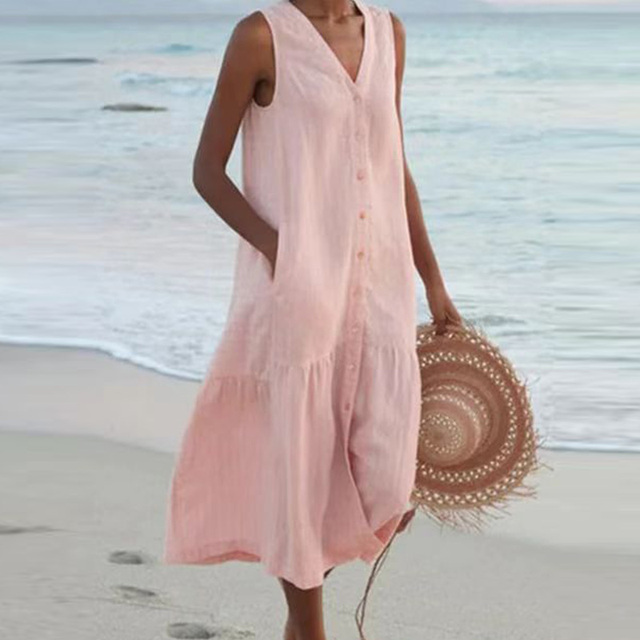Chic V-neck button-down midi dress for women, offering an elegant style suitable for warm summer days.