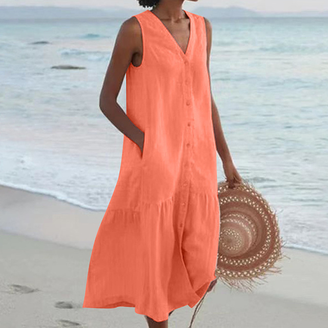 Effortless style women's midi summer dress with elegant button-down detail, a perfect versatile casual look.
