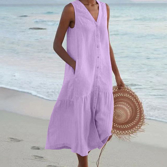 Comfortable and elegant women's button-down midi summer dress, perfect for breezy wear and versatile fashion.