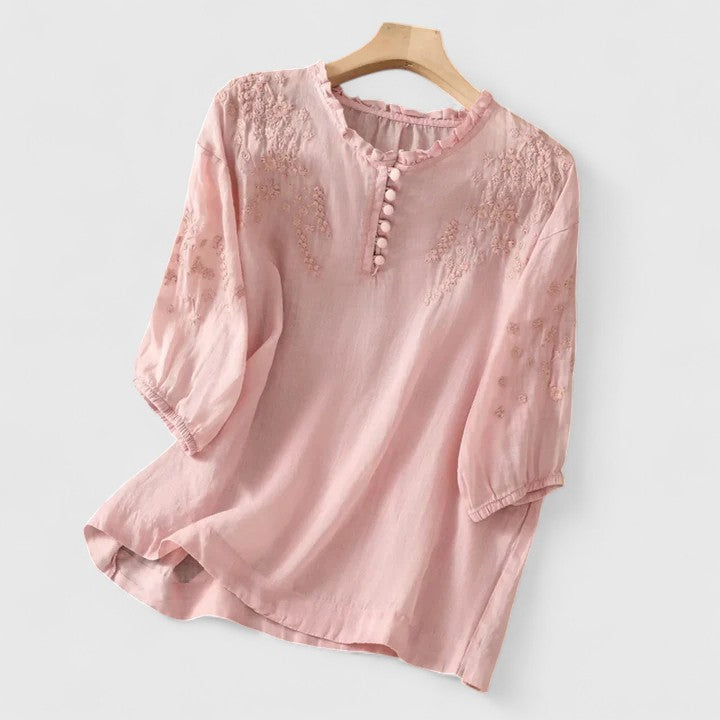 Elegant women's button-front blouse with delicate embroidery, perfect for sophisticated work wear or versatile casual chic outfits.