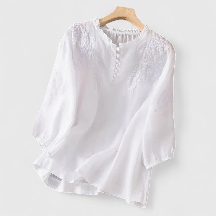 Versatile women's embroidered blouse, a stylish button-front top for effortless spring & summer fashion or work wear.