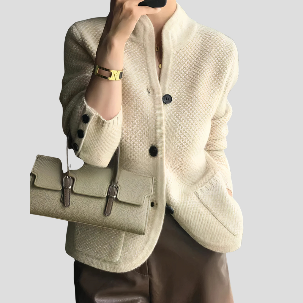 Elegant women's button-front cardigan in a neutral color, perfect for versatile layering & long sleeve style.