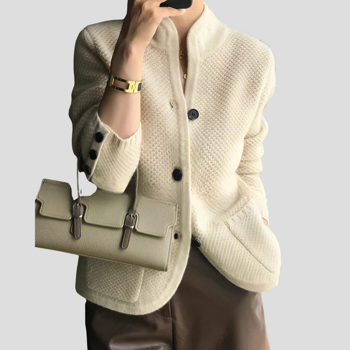 Elegant women's button-front cardigan in a neutral color, perfect for versatile layering & long sleeve style.