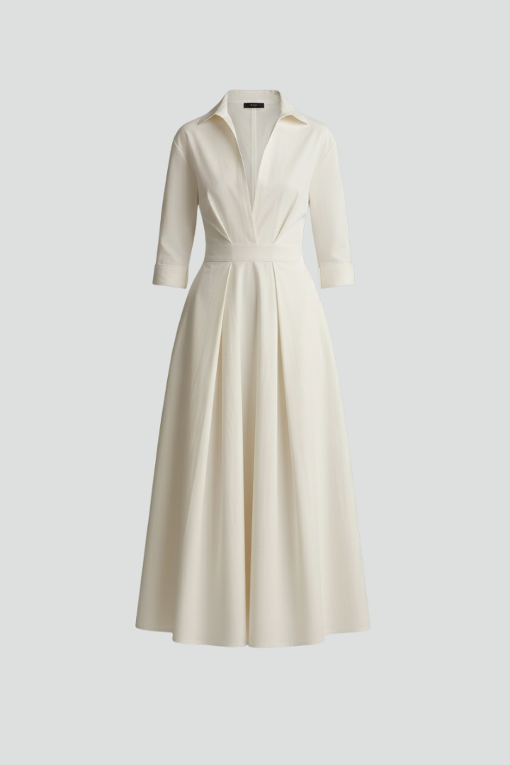 Elegant women's button front collared midi dress for summer fashion & office wear.