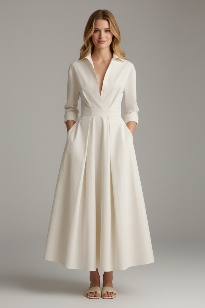 Versatile women's collared midi dress, perfect for casual chic, daytime, or elegant office.