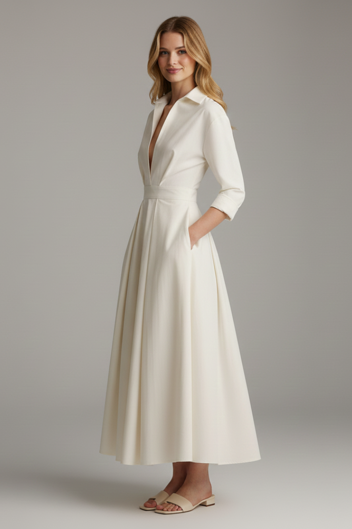 Stylish summer midi dress for women, featuring a chic button front & classic collar design.