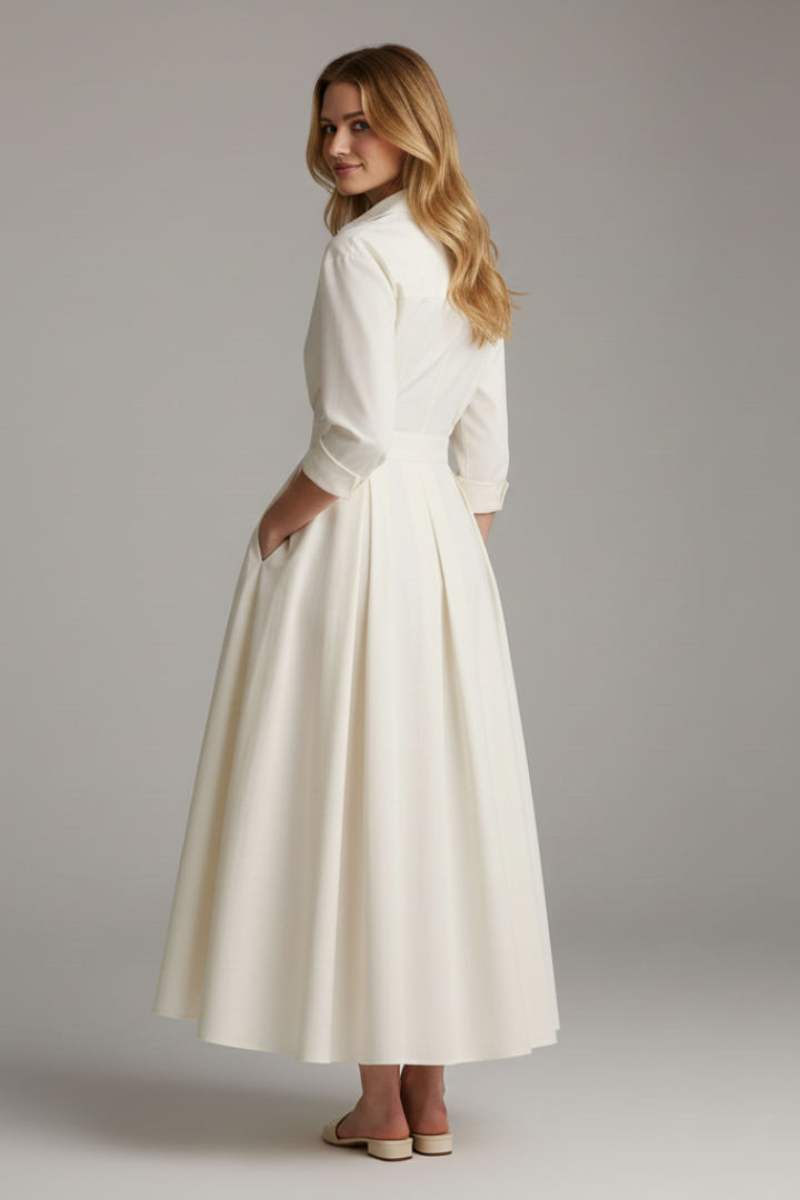 Lightweight women's midi dress with collar & functional buttons, ideal for elegant summer style.
