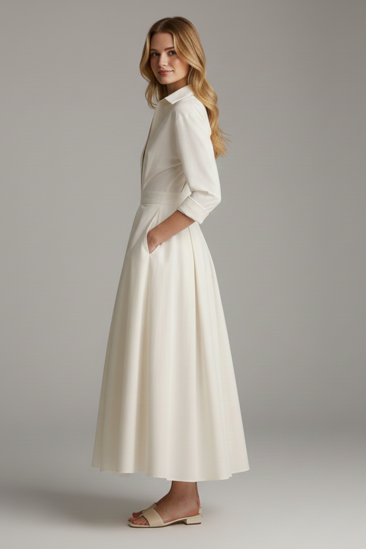 Chic women's button front midi dress. Perfect as a collared daytime dress or elegant office wear.