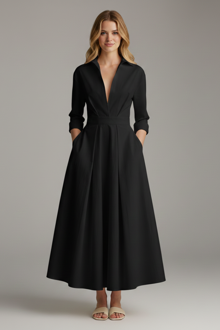 Classic collared midi dress for women with full button front, offering elegant summer fashion.