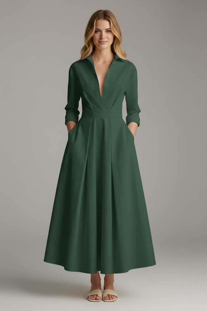 Sophisticated women's button front collared midi dress for versatile and elegant summer style.