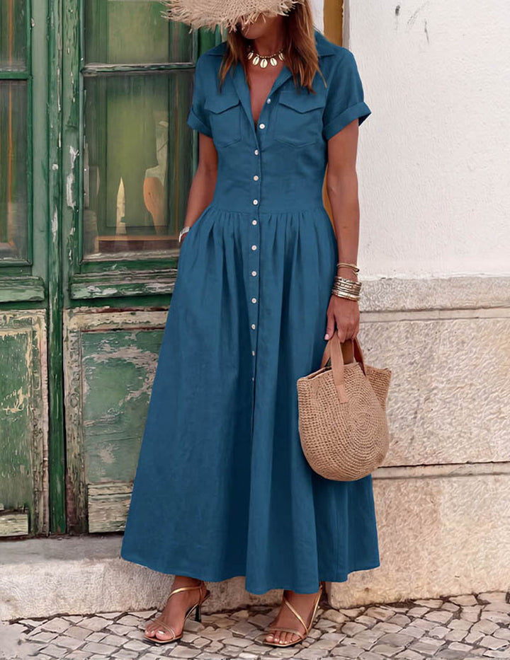 Stylish women's maxi shirt dress with full button front and a flattering flared skirt, ideal for summer occasions.