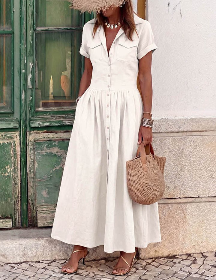 Women's long button front maxi shirt dress with a lovely flared skirt, great for a sophisticated casual look.
