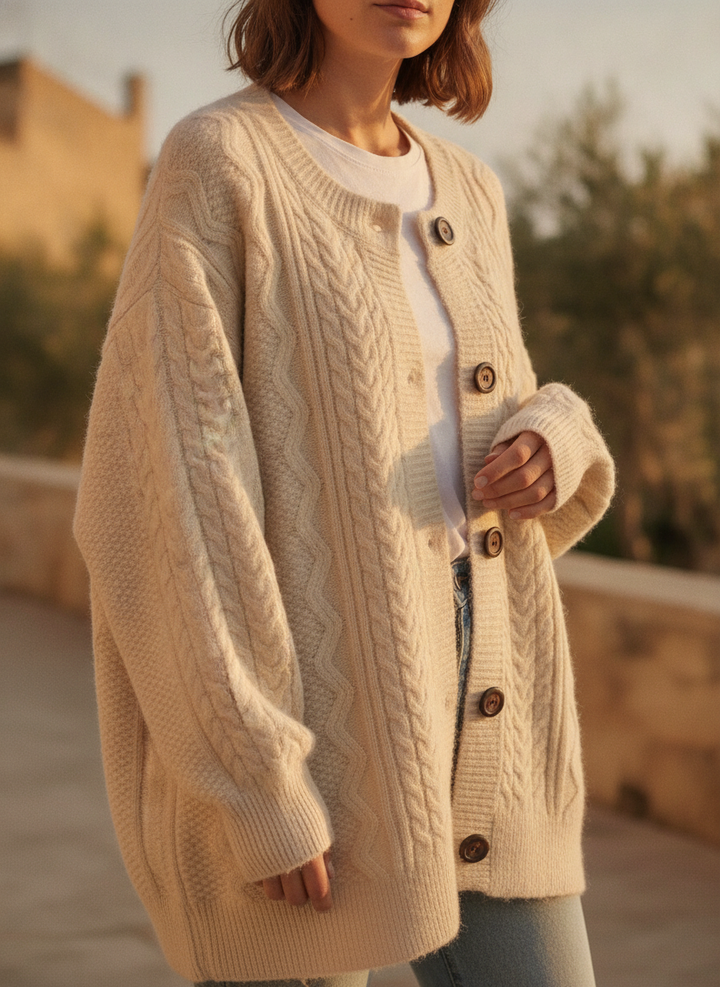 Elegant women's cable-knit button-down cardigan, perfect for chic autumn layering.