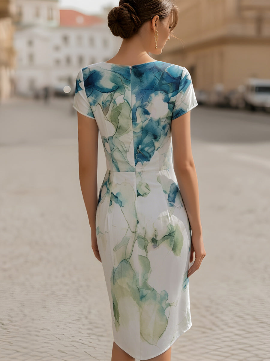 Chic women's cap sleeve midi dress. Ruched elegant sheath style, suitable for any occasion.