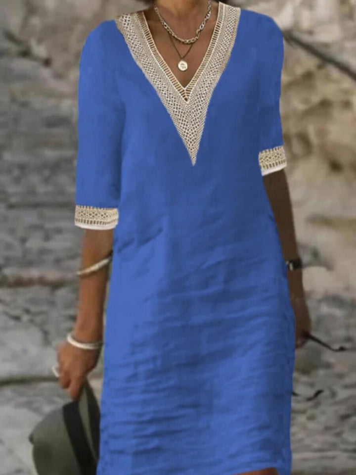 Elegant women's casual V-neck midi dress for versatile everyday style.