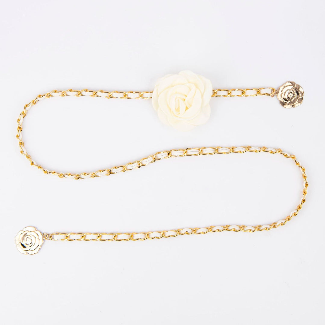 Adjustable women's chain belt with elegant rose accents, a versatile fashion accessory for dresses & tunics.