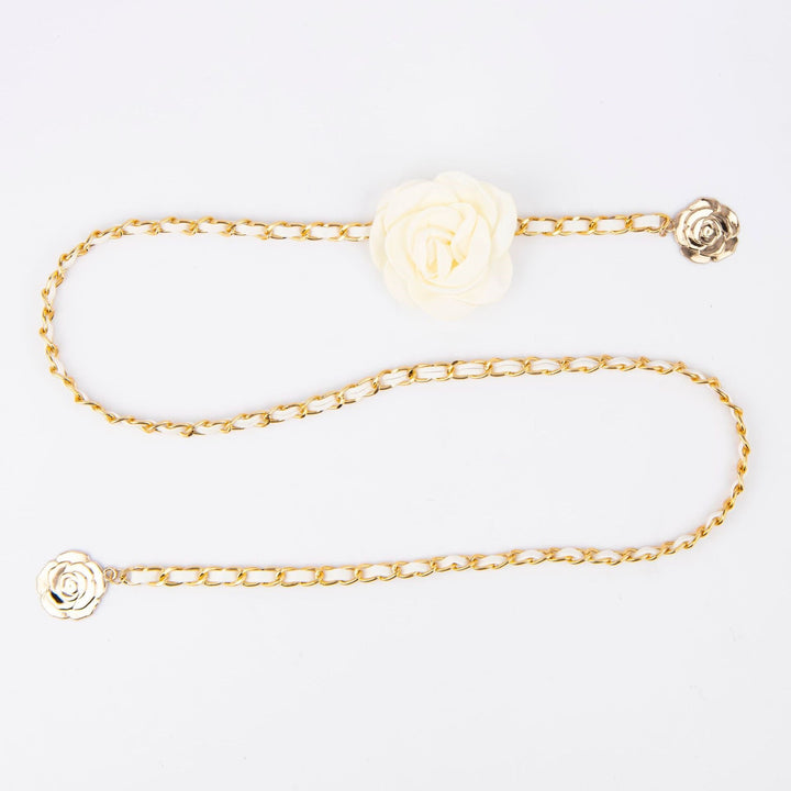 Adjustable women's chain belt with elegant rose accents, a versatile fashion accessory for dresses & tunics.