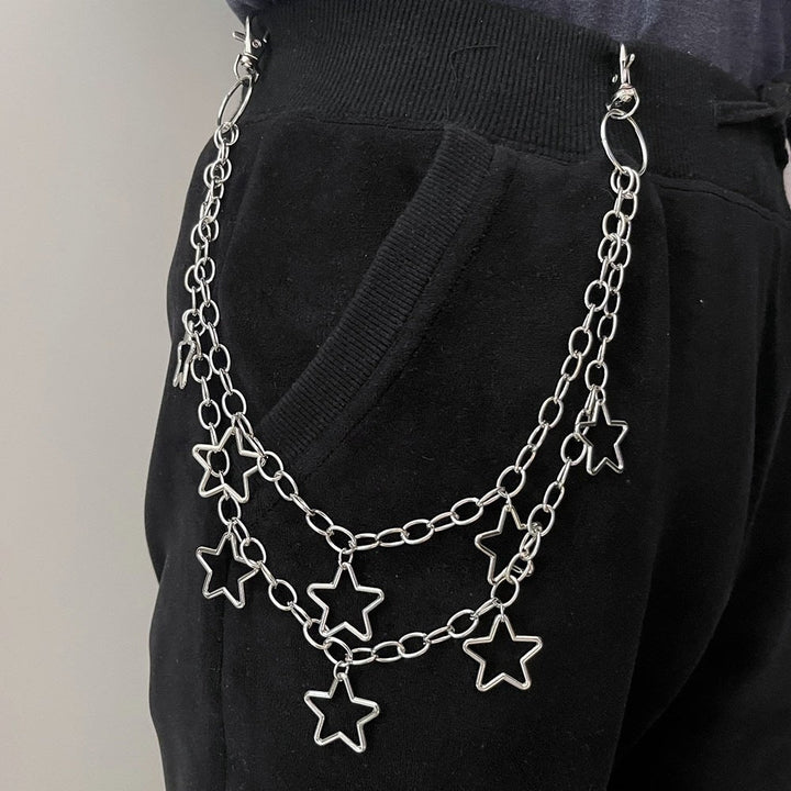Elegant women's chain belt with sparkling star pendants. Adjustable metal waist accessory for stylish outfits.