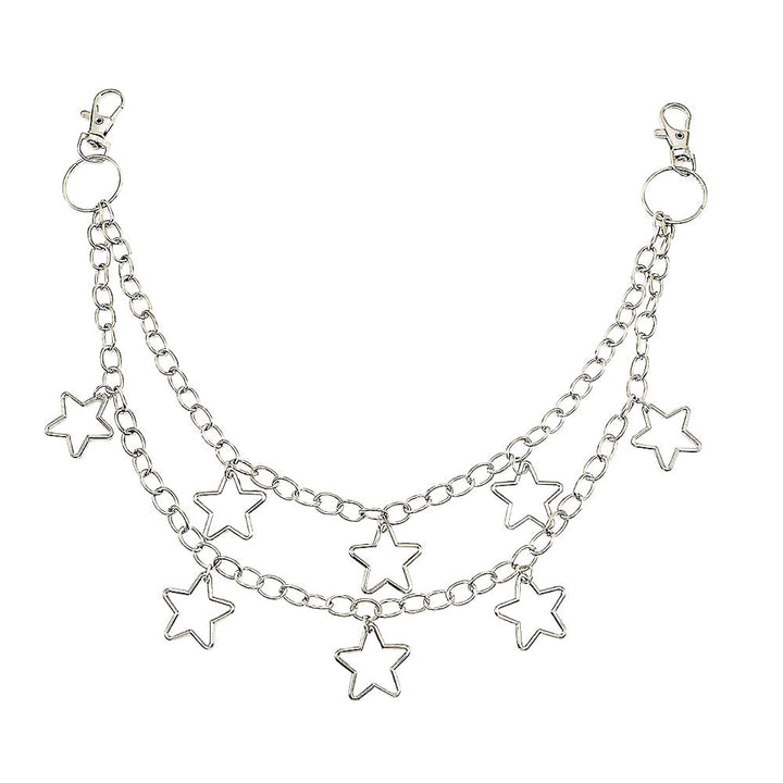 Modern women's adjustable waist belt with elegant star pendants. A fashionable metal chain accessory for any outfit.