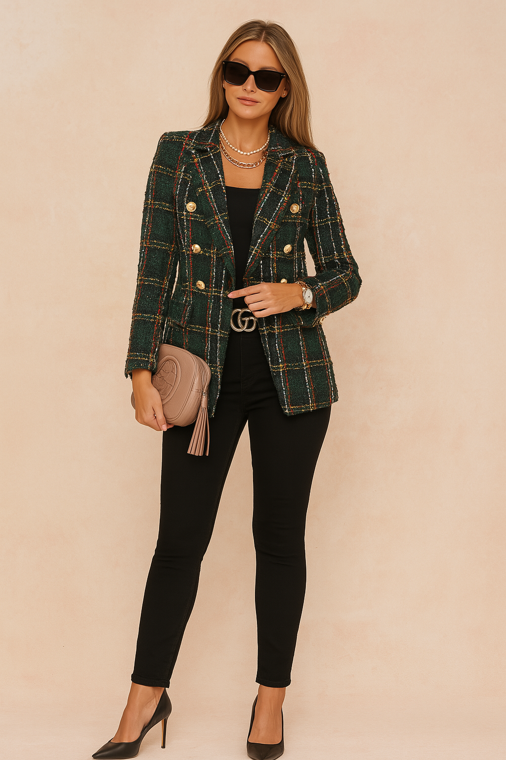 Elegant women's checked jacket, tailored fit for office wear or smart casual occasions. Stylish plaid blazer.