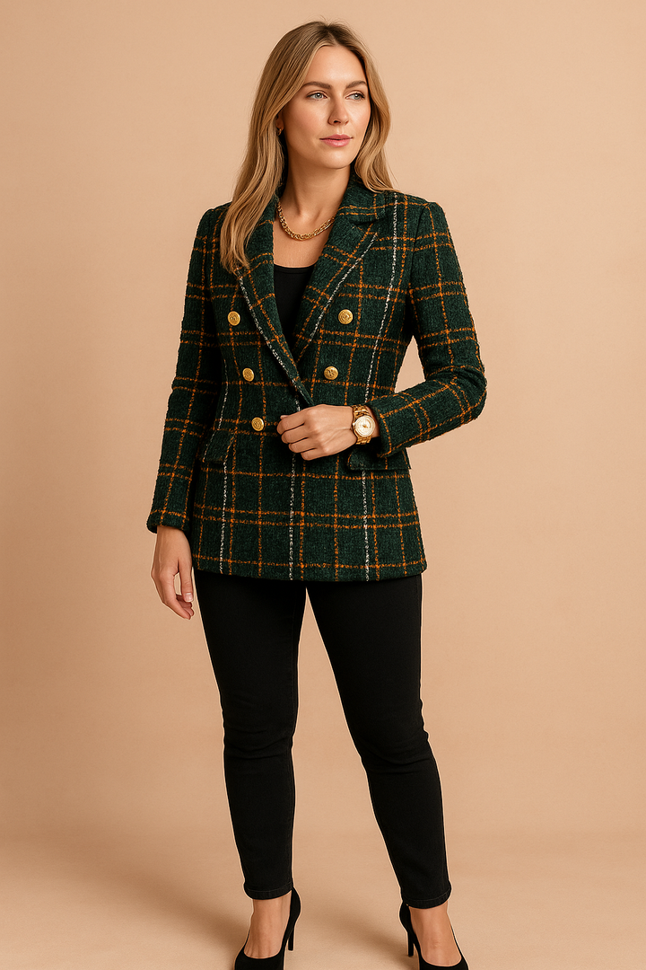 Classic plaid women's blazer, a versatile checked jacket perfect for professional attire or fashion outerwear.