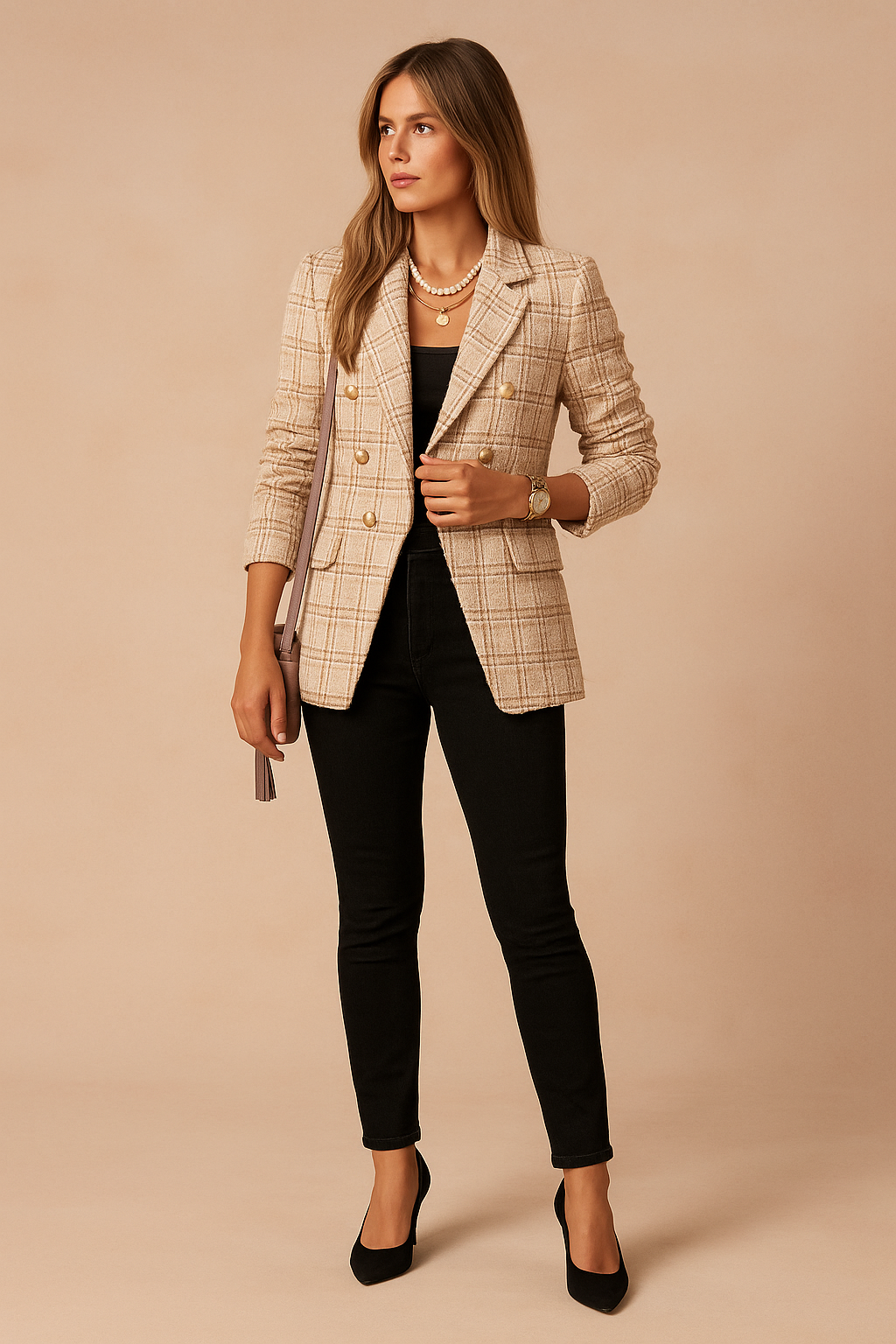 Tailored women's checked jacket, ideal as a smart casual blazer or professional office wear statement piece.