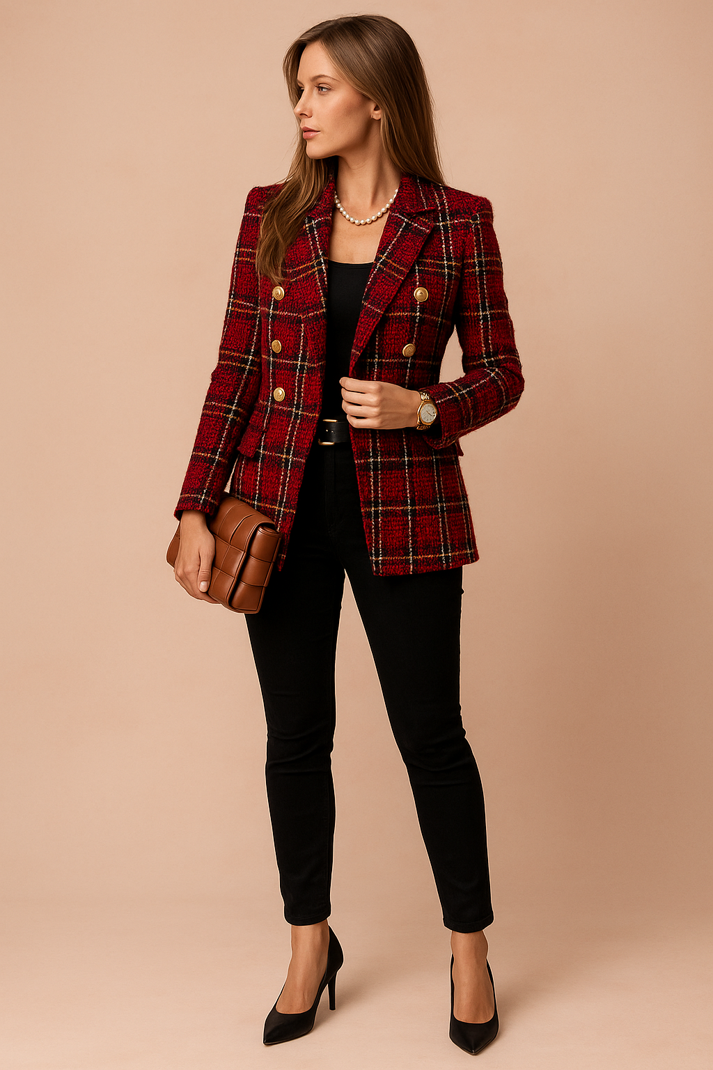 Stylish women's checked blazer with an elegant fit, suitable for professional and smart casual looks. Plaid jacket.