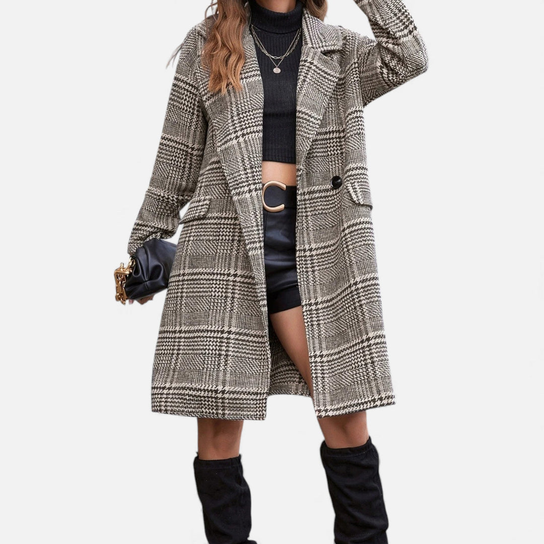 Elegant women's checkered blazer with button-up collar. Perfect tailored jacket for professional office wear.