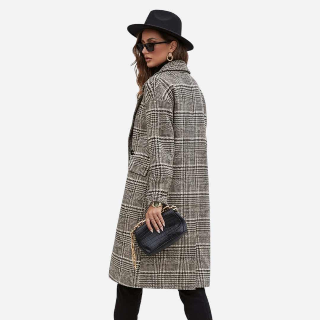 Stylish women's button-up checkered blazer. Versatile elegant jacket for work, office, or autumn/spring fashion.