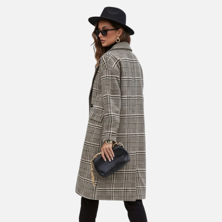 Stylish women's button-up checkered blazer. Versatile elegant jacket for work, office, or autumn/spring fashion.