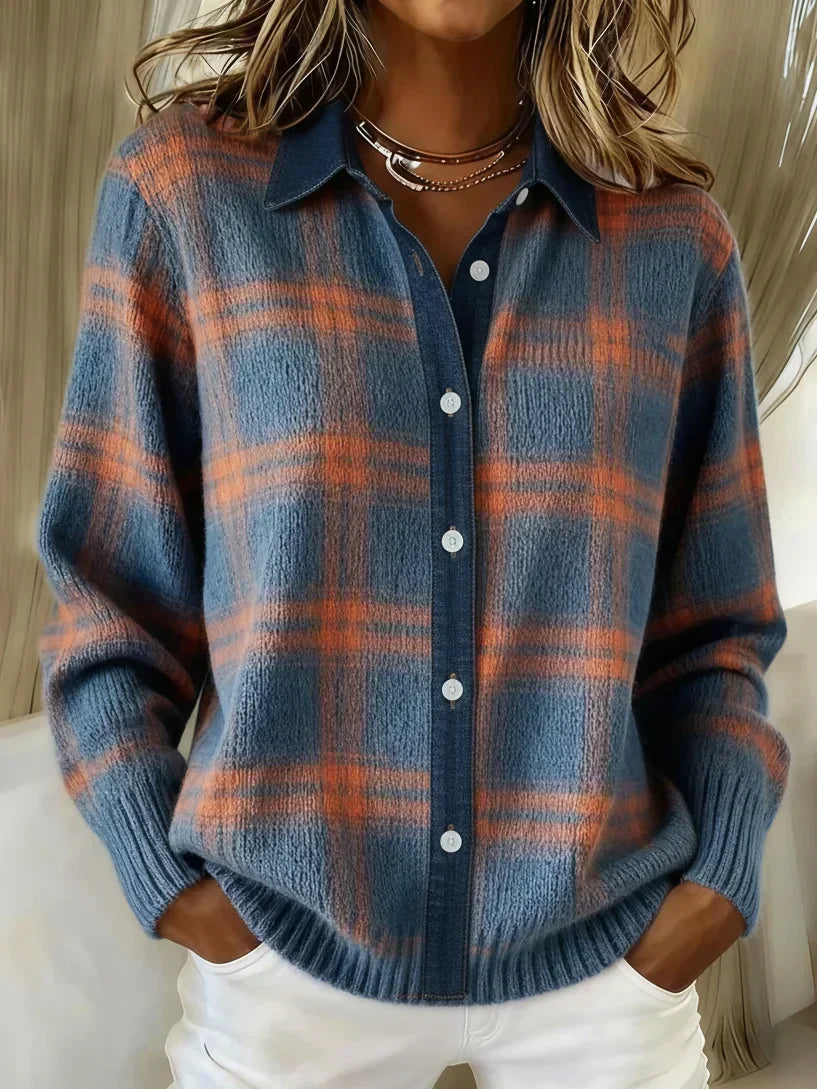 Elegant women's checkered longline cardigan. Cozy, stylish layer for fall & winter fashion.