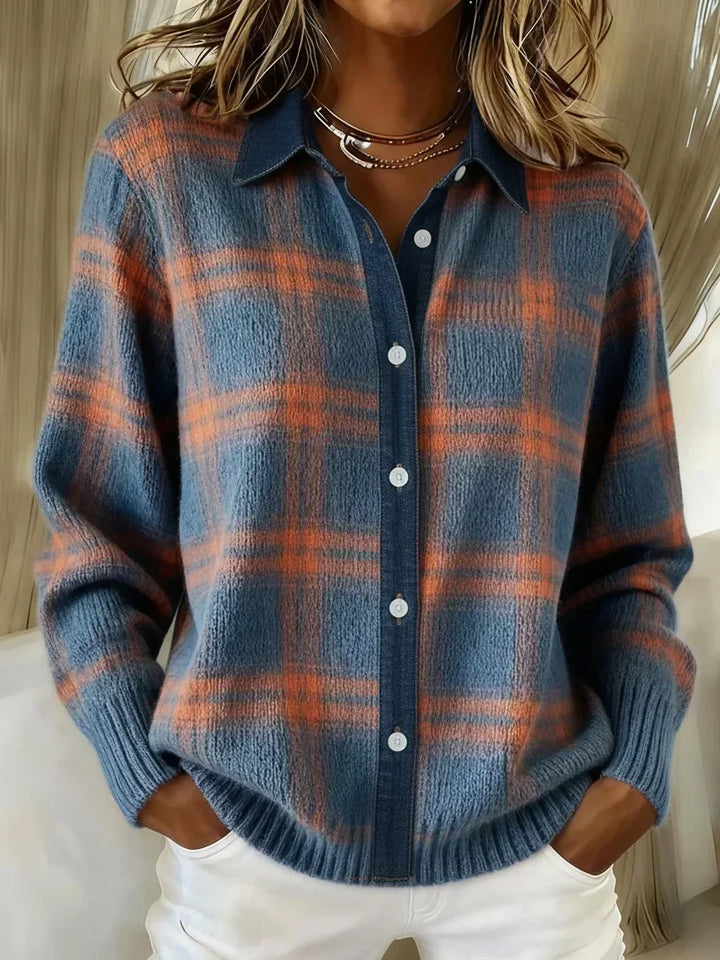 Elegant women's checkered longline cardigan. Cozy, stylish layer for fall & winter fashion.