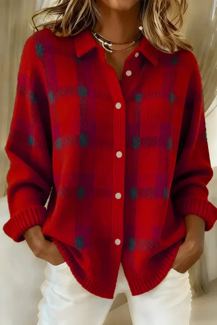 Comfortable women's button-front checkered cardigan. Versatile casual style for layering.
