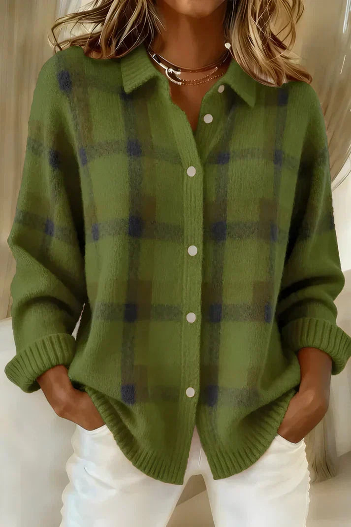 Cozy knit women's checkered cardigan. Warm and stylish fall fashion staple.