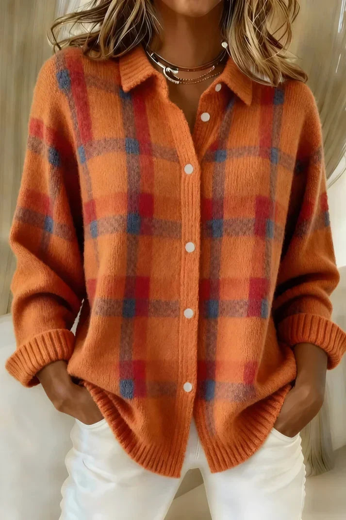 Versatile women's checkered button-front cardigan. Cozy layering for elegant fall style.