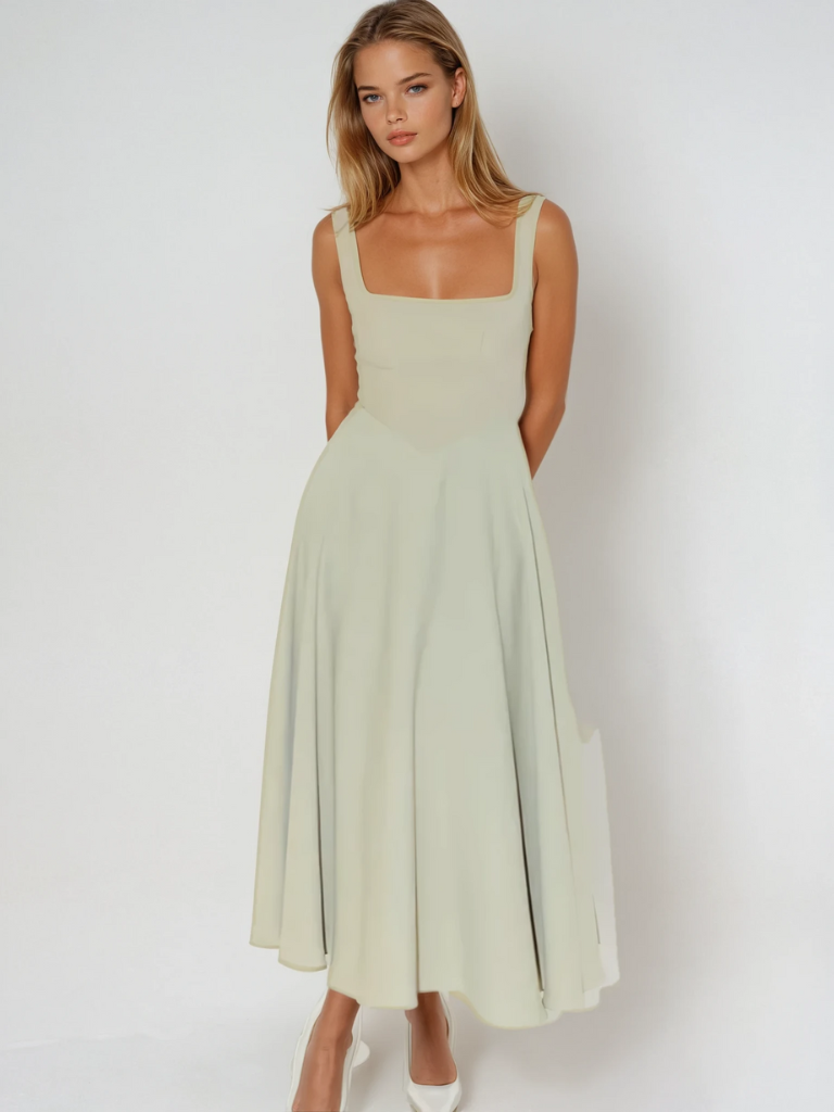 Elegant women's chic midi dress with square neckline, perfect for parties, weddings, or cocktail events.