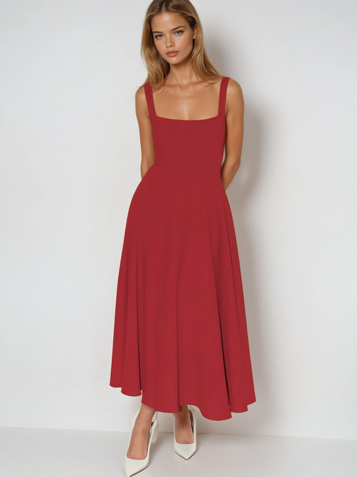 Front view of an elegant women's midi dress with a square neckline, a chic choice for any party.