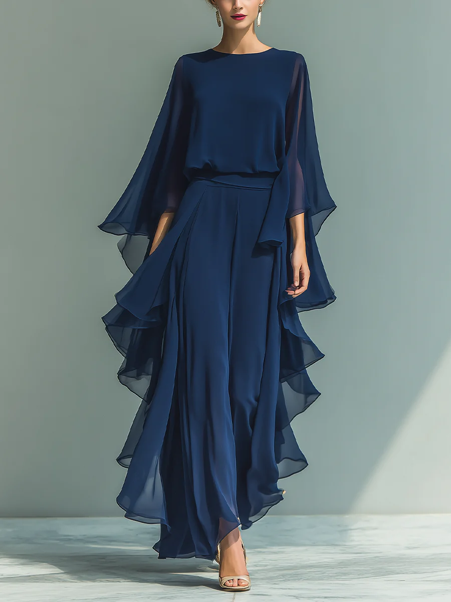 Elegant women's chiffon two-piece set with wide leg trousers & ruffled sleeves, perfect for special occasions & parties.