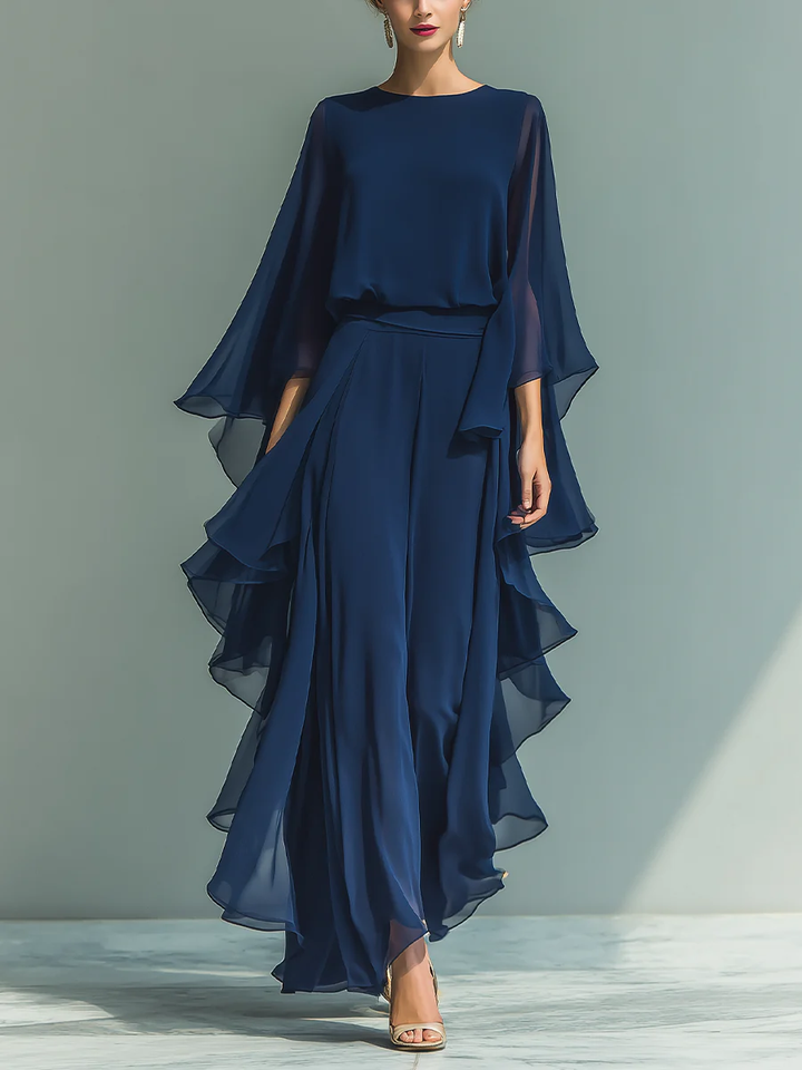Elegant women's chiffon two-piece set with wide leg trousers & ruffled sleeves, perfect for special occasions & parties.