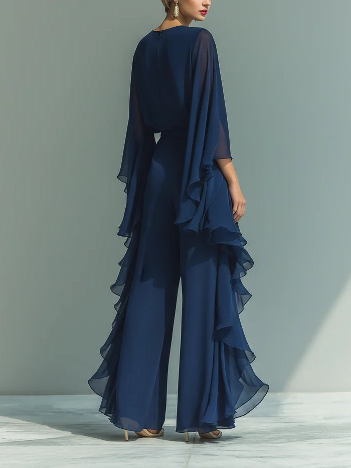 Women's elegant chiffon top with delicate ruffled sleeves, part of a two-piece set for formal spring & summer events.