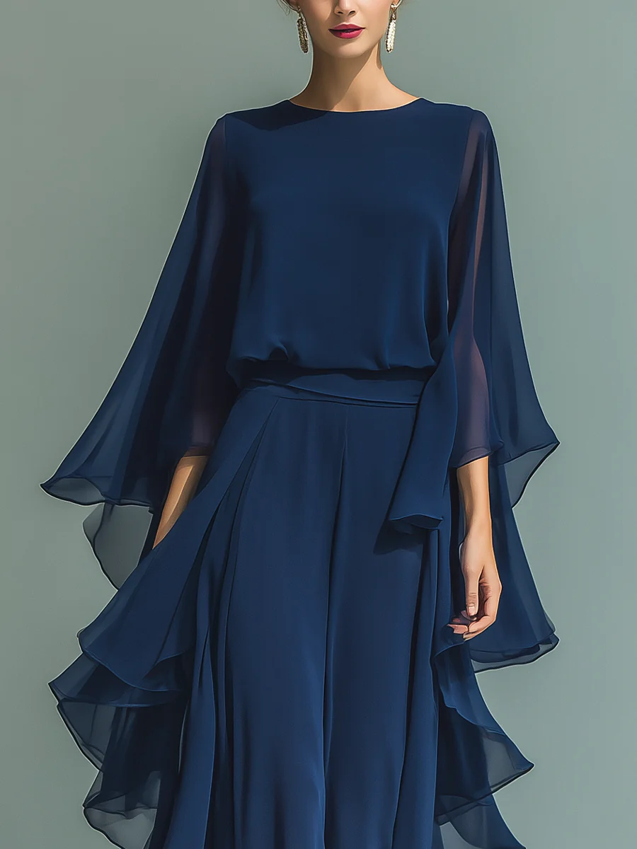 Flowy wide leg chiffon trousers from a women's elegant two-piece set, ideal formal wear for summer & special occasions.
