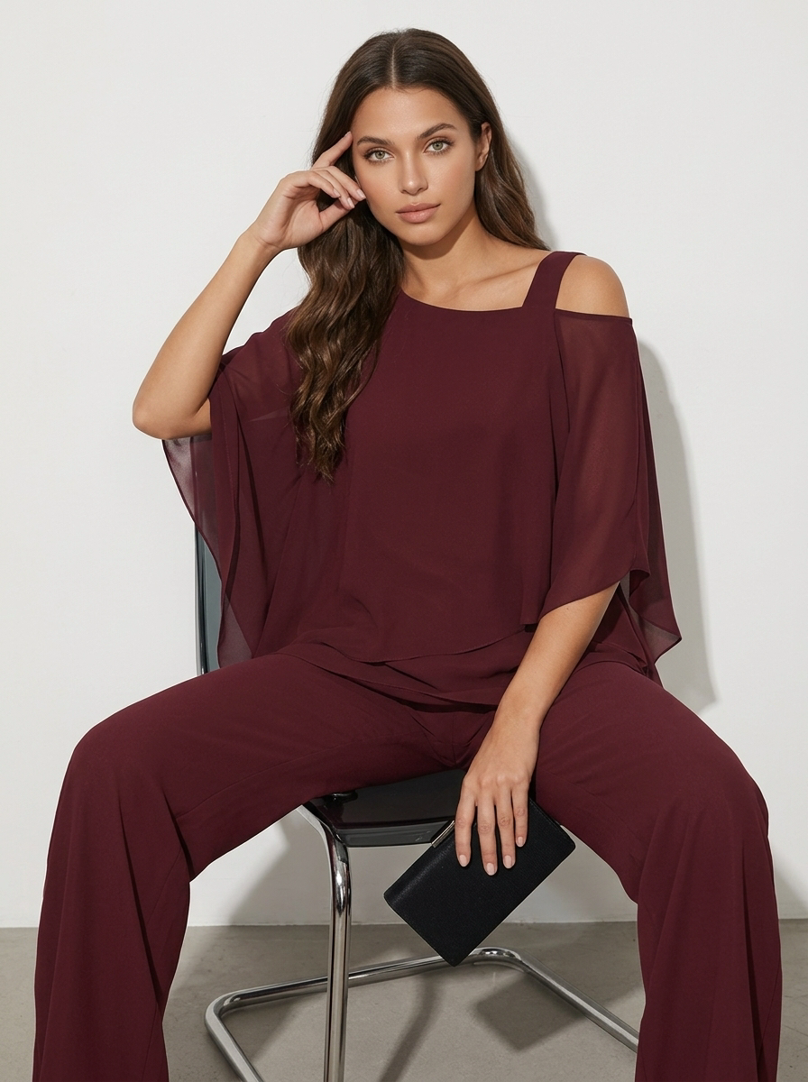 Elegant women's chiffon wide leg evening co-ord set, perfect for formal occasions & wedding guests. Two-piece dressy.