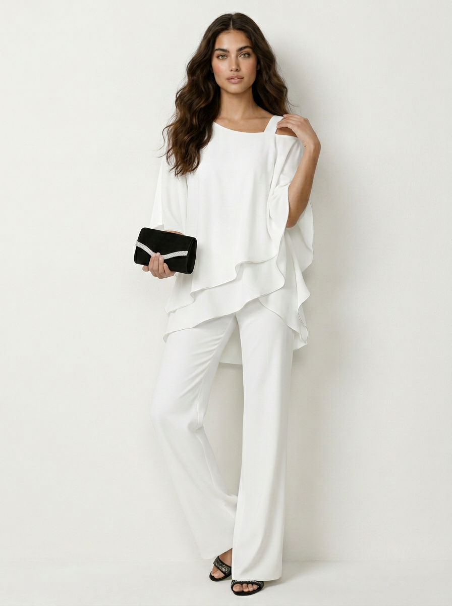 Women's two-piece chiffon wide-leg co-ord set. Elegant evening top & trousers for formal events & party outfits.